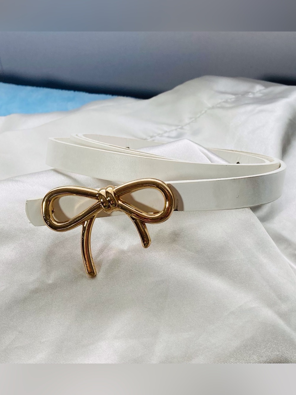 White Skinny Belt Gold Bow Buckle Womens Coquette Faux Leather